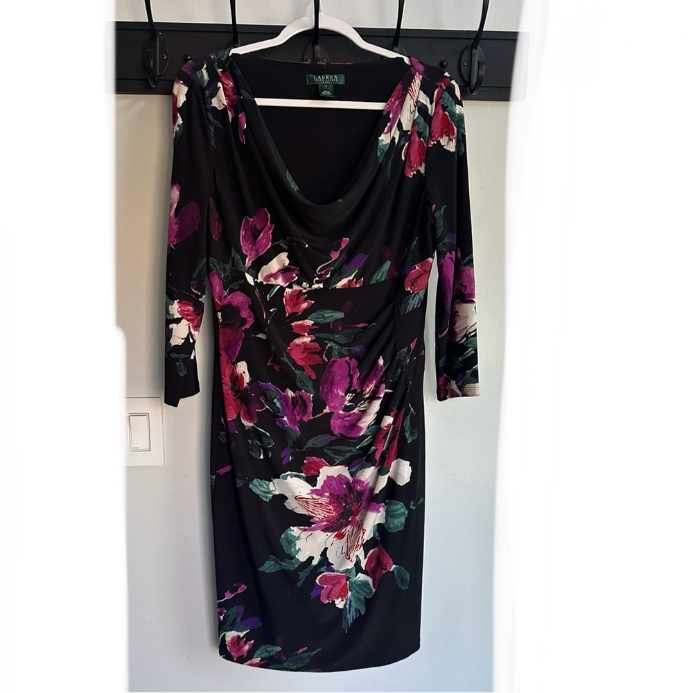 Ralph Lauren Black Purple Magenta Green Floral Print Stretch Knit Dress sz 12